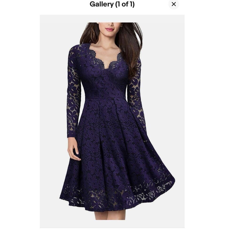 Missmay Blue Floral Lace Long Sleeve A-Line Knee Dress Mother of Bride L